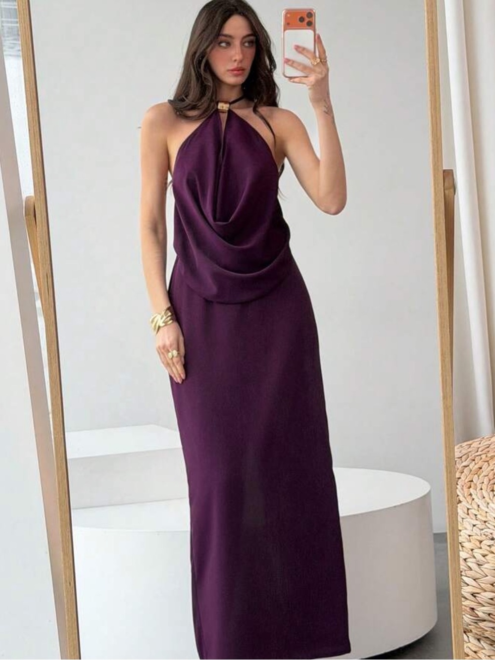 SHEIN Plum Halter Drape Neck Maxi Dress